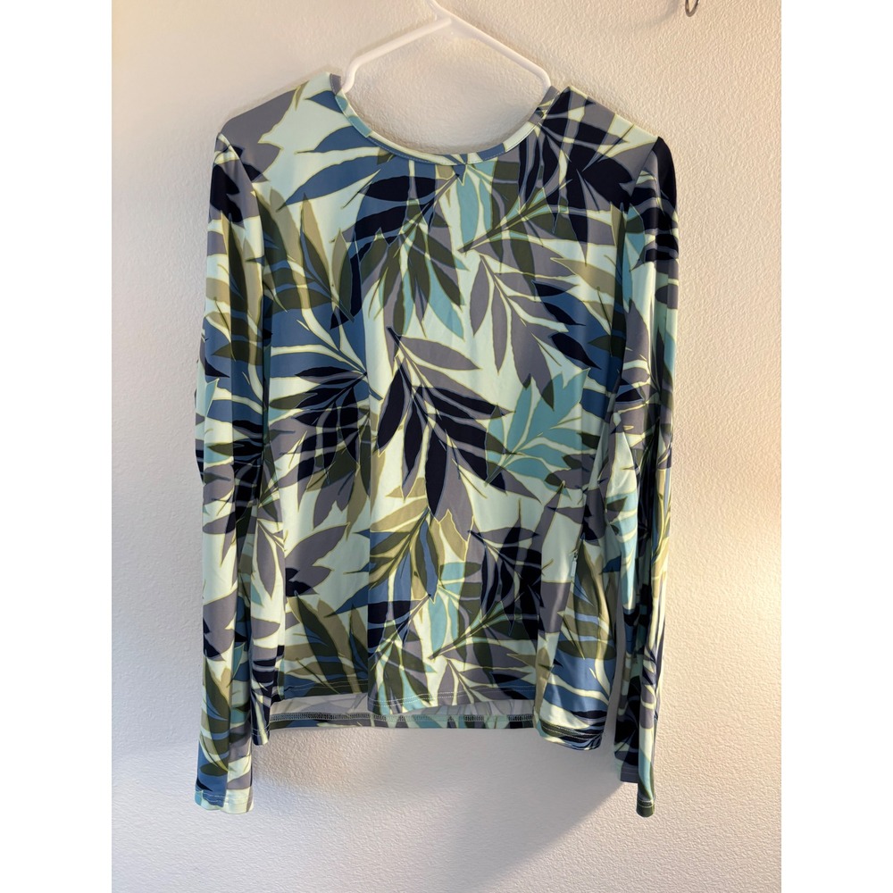 Hang Ten Womens Tropical Leaf Print Long Sleeve Sun Shirt Rash Guard Blue Large